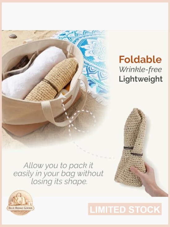 Floppy Crochet Straw Sun Hat Wide Brim Handmade Foldable Travel Beach Sun main image 5